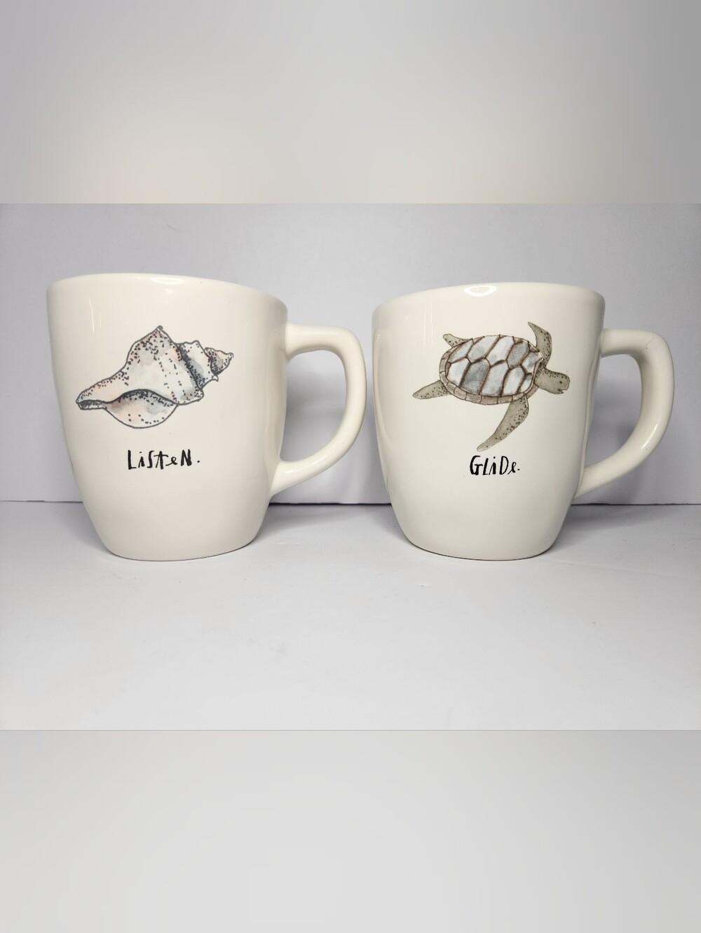 Rae Dunn Set Of 2 Sea Life Ceramic Mugs - Sea Turtle & Shell - Listen & Glide